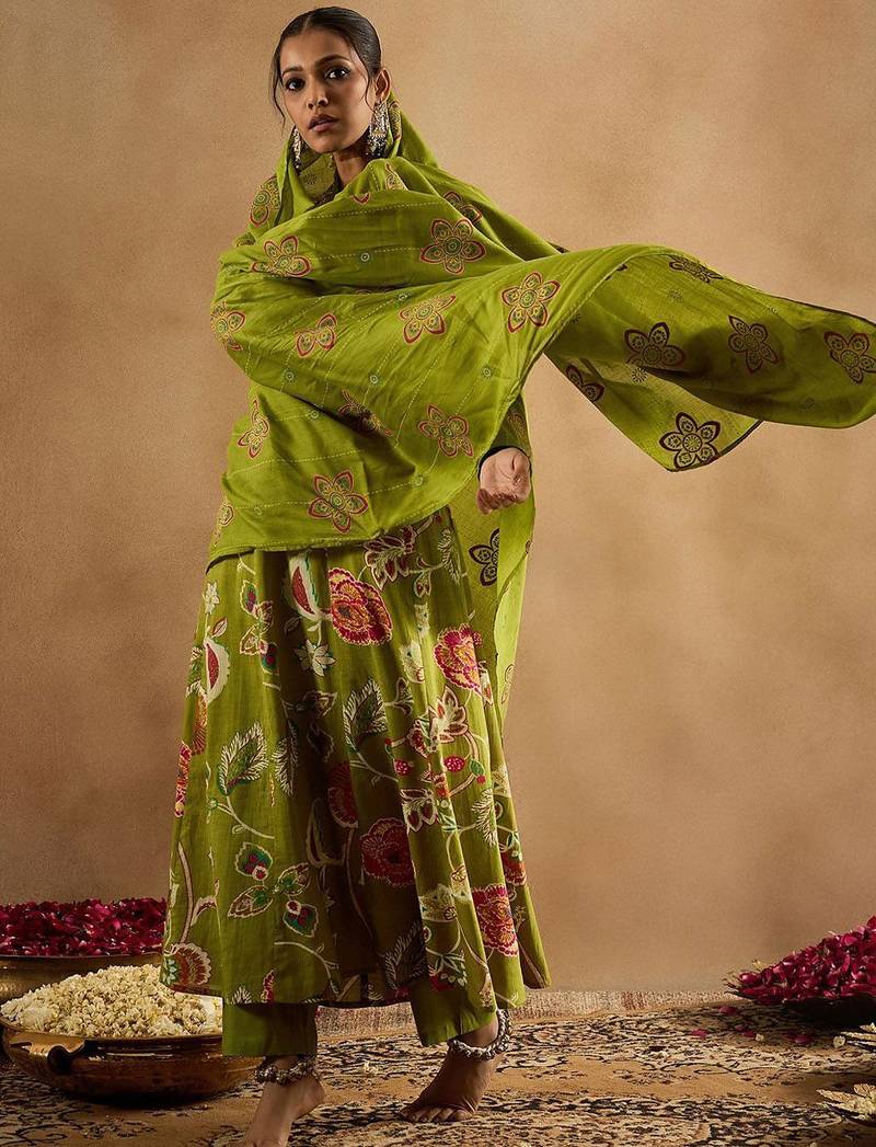 Floral Printed Empire Pure Cotton Anarkali Kurta With Trouser & Dupatta