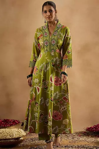 Floral Printed Empire Pure Cotton Anarkali Kurta With Trouser & Dupatta