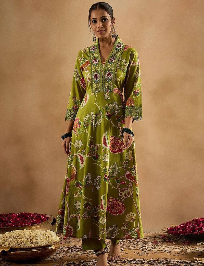 Floral Printed Empire Pure Cotton Anarkali Kurta With Trouser & Dupatta