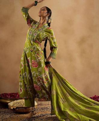 Floral Printed Empire Pure Cotton Anarkali Kurta With Trouser & Dupatta 7