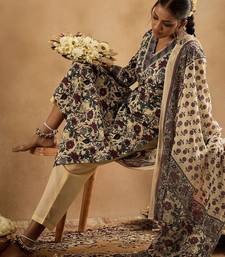 Floral Printed V-Neck Pure Cotton Straight Kurta With Trousers & Dupatta