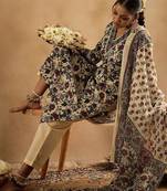 Floral Printed V-Neck Pure Cotton Straight Kurta With Trousers & Dupatta