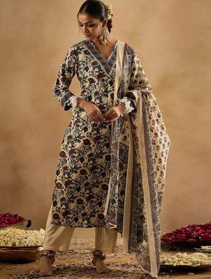 Floral Printed V-Neck Pure Cotton Straight Kurta With Trousers & Dupatta 2