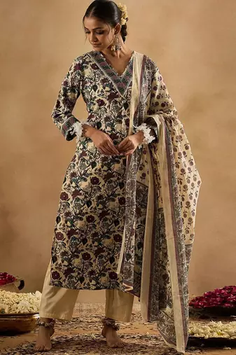 Floral Printed V-Neck Pure Cotton Straight Kurta With Trousers & Dupatta