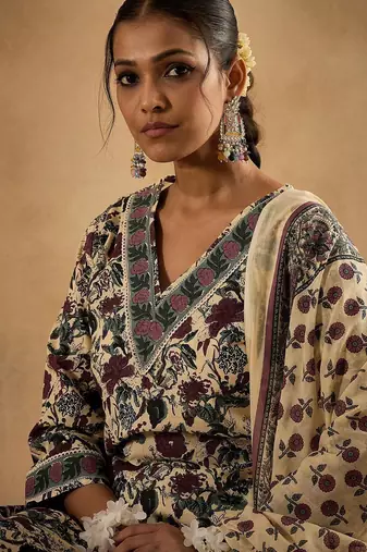 Floral Printed V-Neck Pure Cotton Straight Kurta With Trousers & Dupatta