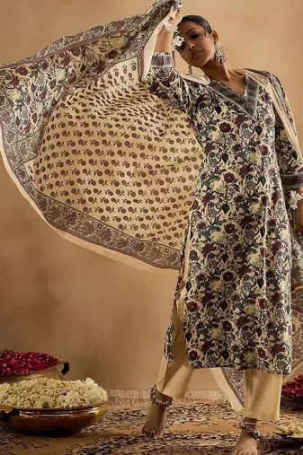 Floral Printed V-Neck Pure Cotton Straight Kurta With Trousers & Dupatta
