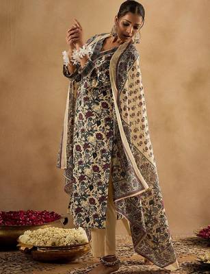 Floral Printed V-Neck Pure Cotton Straight Kurta With Trousers & Dupatta 6