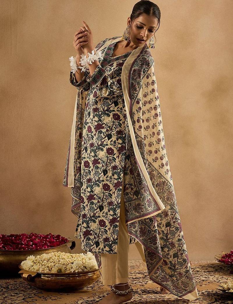 Floral Printed V-Neck Pure Cotton Straight Kurta With Trousers & Dupatta