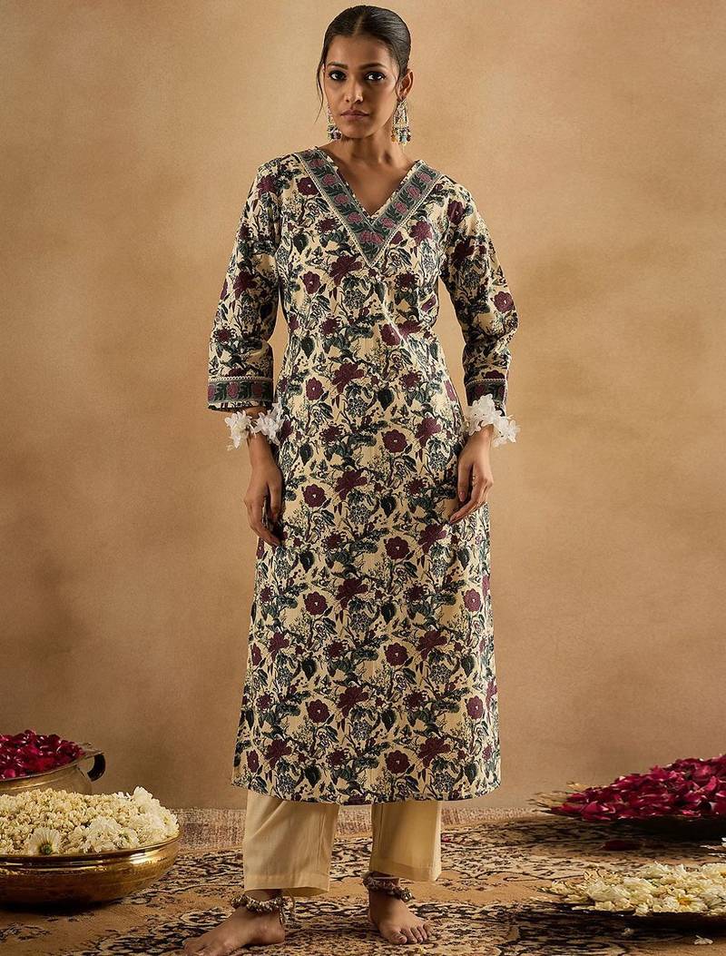 Floral Printed V-Neck Pure Cotton Straight Kurta With Trousers & Dupatta