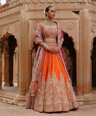 Orange Hot Pink Embroidered Raw Silk Lehenga Set 1