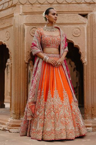 Orange Hot Pink Embroidered Raw Silk Lehenga Set