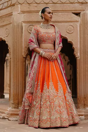 Orange Hot Pink Embroidered Raw Silk Lehenga Set