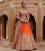 Orange Hot Pink Embroidered Raw Silk Lehenga Set