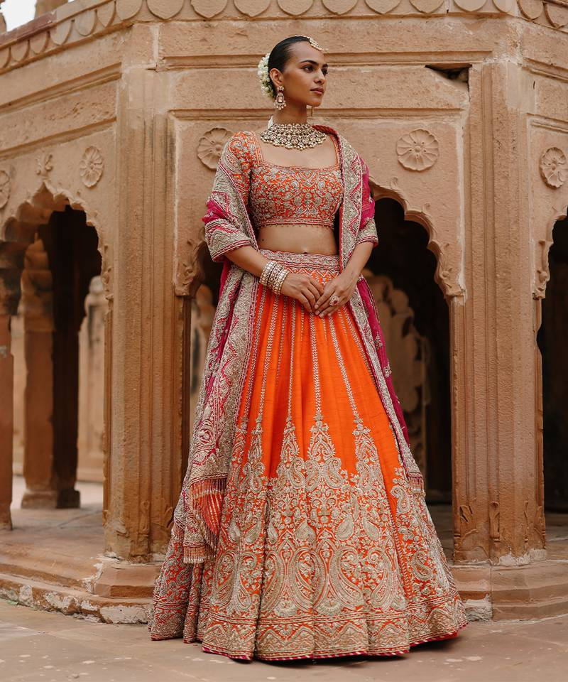 Orange Hot Pink Embroidered Raw Silk Lehenga Set