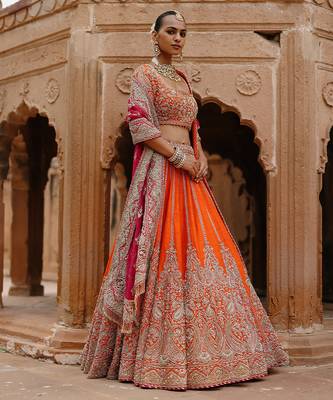 Orange Hot Pink Embroidered Raw Silk Lehenga Set 2