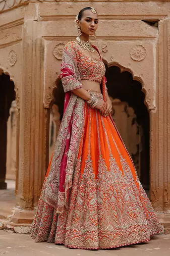 Orange Hot Pink Embroidered Raw Silk Lehenga Set