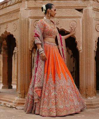 Orange Hot Pink Embroidered Raw Silk Lehenga Set 3