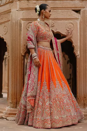 Orange Hot Pink Embroidered Raw Silk Lehenga Set