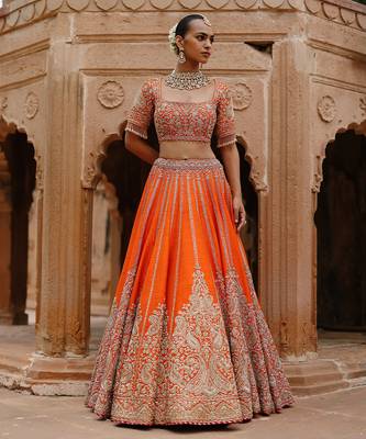 Orange Hot Pink Embroidered Raw Silk Lehenga Set 4