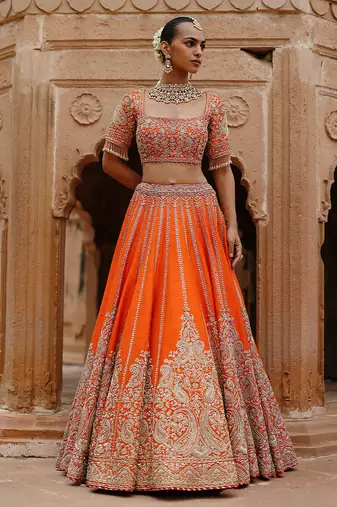 Orange Hot Pink Embroidered Raw Silk Lehenga Set
