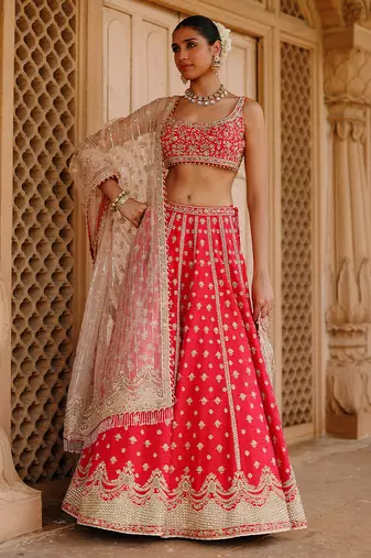 Hot Pink And Rose Embroidered Raw Silk Lehenga Set