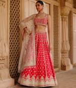 Hot Pink And Rose Embroidered Raw Silk Lehenga Set
