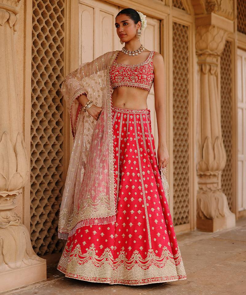 Hot Pink And Rose Embroidered Raw Silk Lehenga Set