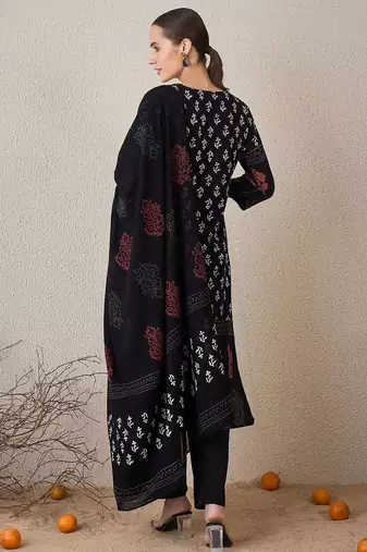Floral Printed V-Neck Pure Cotton Straight Kurta With Trouser & Dupatta