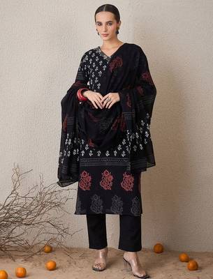 Floral Printed V-Neck Pure Cotton Straight Kurta With Trouser & Dupatta 5