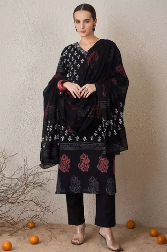 Floral Printed V-Neck Pure Cotton Straight Kurta With Trouser & Dupatta