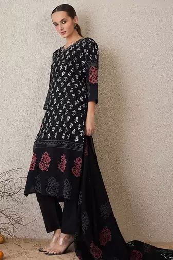Floral Printed V-Neck Pure Cotton Straight Kurta With Trouser & Dupatta