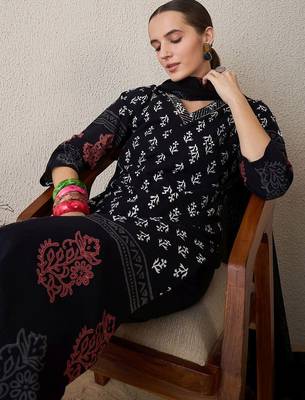 Floral Printed V-Neck Pure Cotton Straight Kurta With Trouser & Dupatta 7