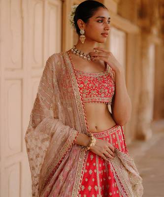 Hot Pink And Rose Embroidered Raw Silk Lehenga Set 2
