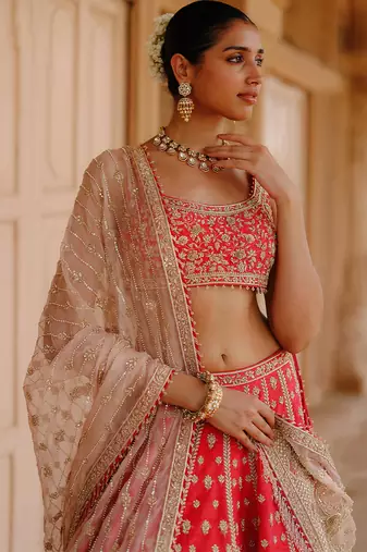 Hot Pink And Rose Embroidered Raw Silk Lehenga Set