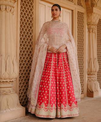 Hot Pink And Rose Embroidered Raw Silk Lehenga Set 3