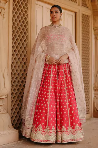 Hot Pink And Rose Embroidered Raw Silk Lehenga Set