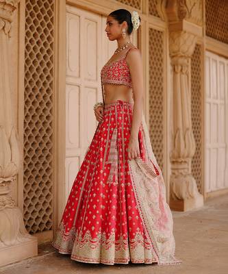 Hot Pink And Rose Embroidered Raw Silk Lehenga Set 4