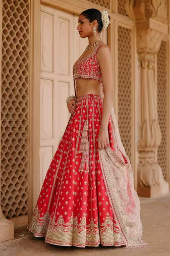 Hot Pink And Rose Embroidered Raw Silk Lehenga Set