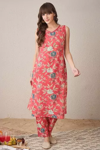 Floral Printed V-Neck Pure Cotton Straight Kurta With Trousers