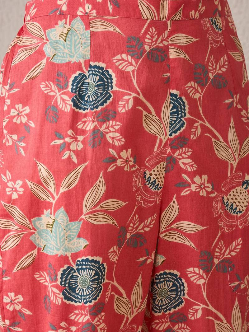 Floral Printed V-Neck Pure Cotton Straight Kurta With Trousers