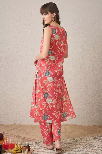 Floral Printed V-Neck Pure Cotton Straight Kurta With Trousers