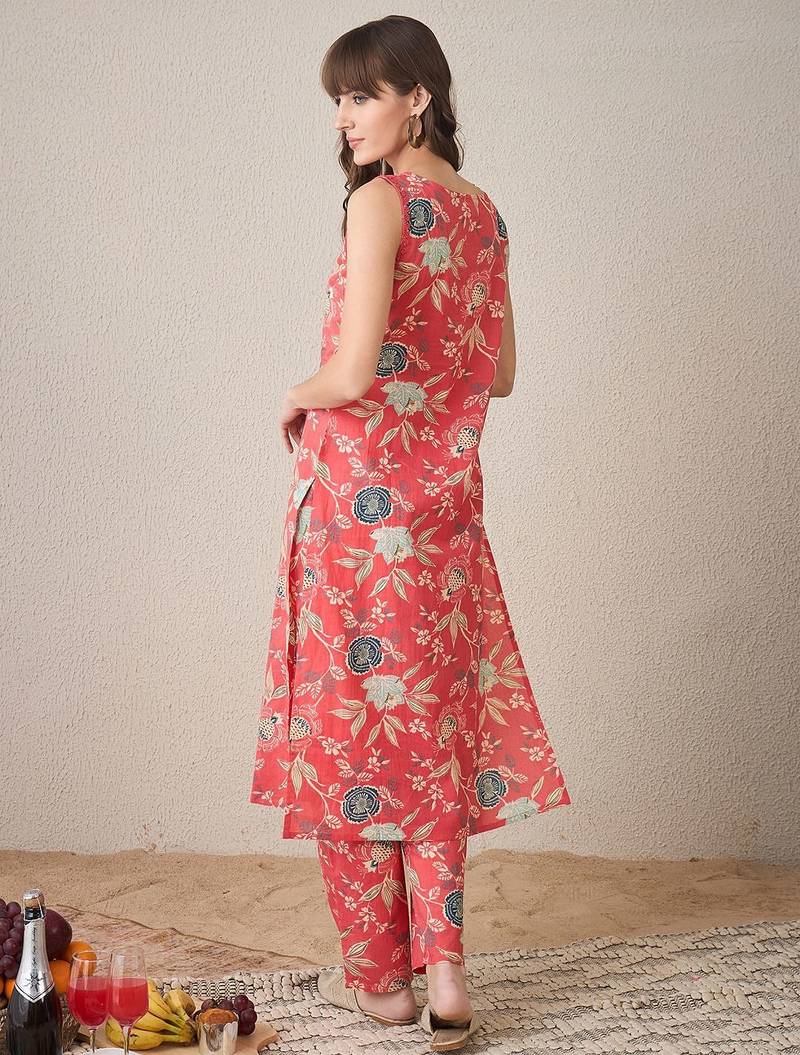 Floral Printed V-Neck Pure Cotton Straight Kurta With Trousers