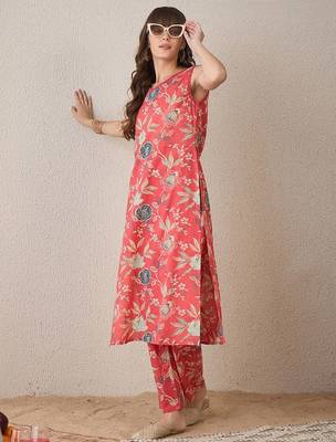 Floral Printed V-Neck Pure Cotton Straight Kurta With Trousers 7