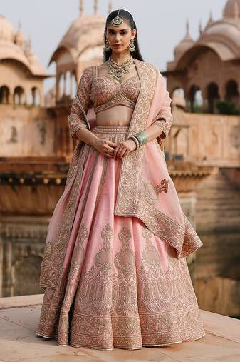 Pink Embroidered Raw Silk Lehenga Set