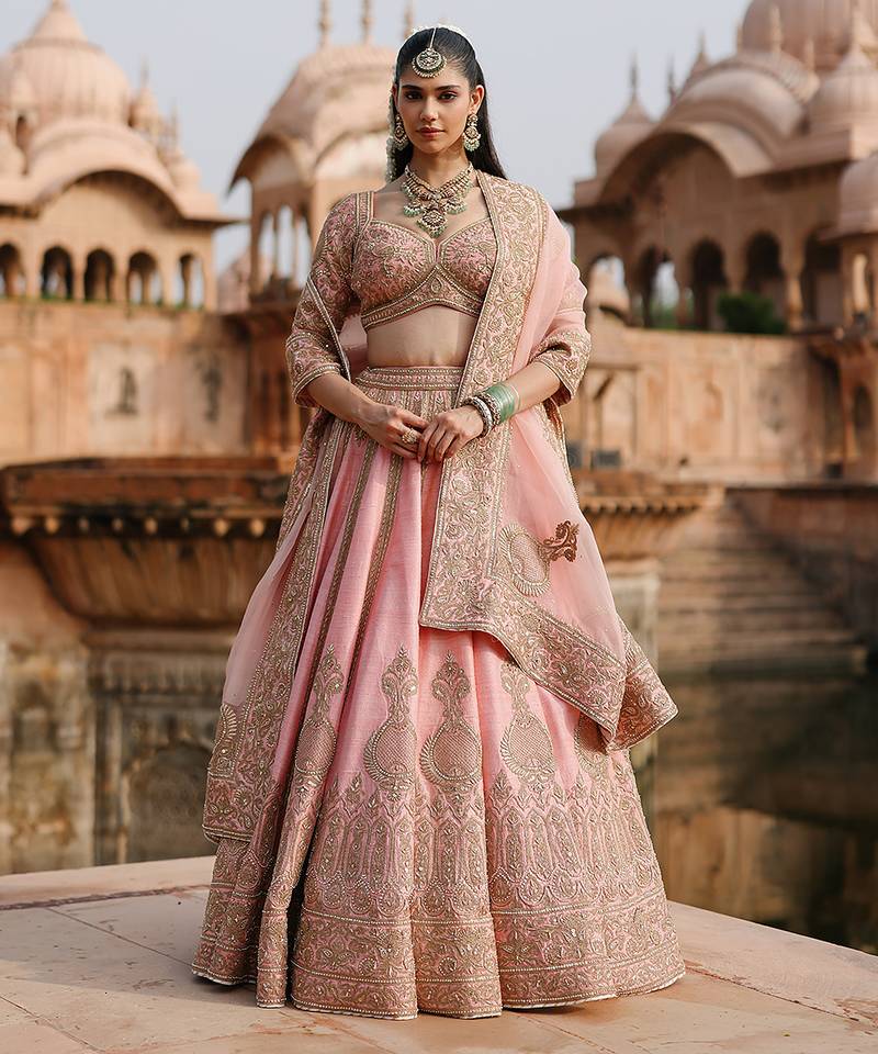 Pink Embroidered Raw Silk Lehenga Set