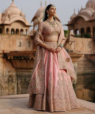 Pink Embroidered Raw Silk Lehenga Set 2