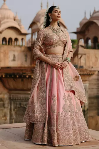 Pink Embroidered Raw Silk Lehenga Set
