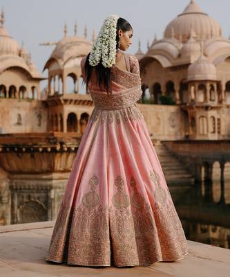 Pink Embroidered Raw Silk Lehenga Set 3