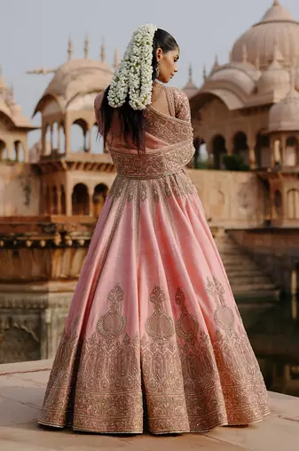 Pink Embroidered Raw Silk Lehenga Set