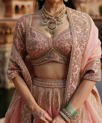 Pink Embroidered Raw Silk Lehenga Set 4